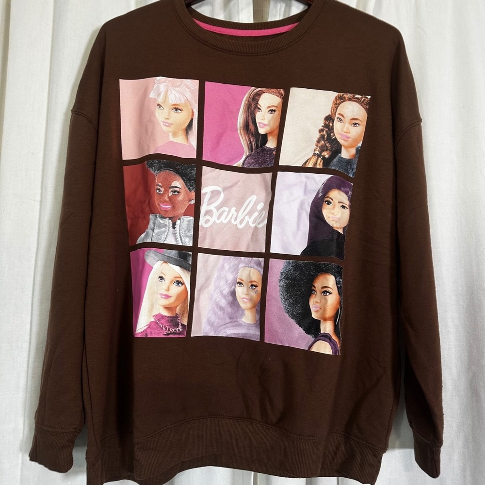 Barbie Graphic Print Sweatshirt Brown Long Sleeve Crewneck Pullover XL Casual